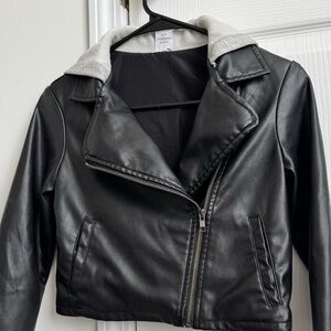 Black biker jacket with a hood for 7-8 year olds.